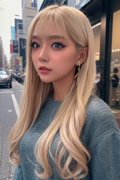 (Highest quality、4K、8k、High resolution、masterpiece:1.2)、Very detailed、(Genuine、Realistic、Realistic:1.3)、bustling street、Ear piercing、、Gal Makeup、Gal Fashion、((Blonde))、