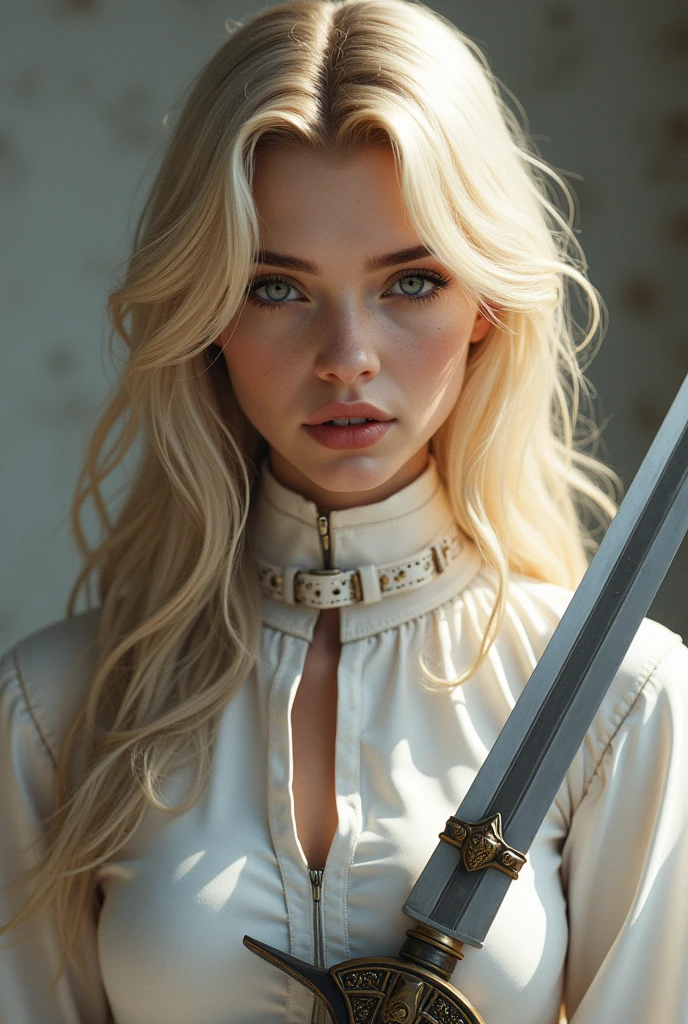 (photorealism:1.2), beautiful girl, 19 years old, blond long hair, blue eyes, wearing a white corse, white girl, whit a sheathed rapier and a holstered automatic pistol