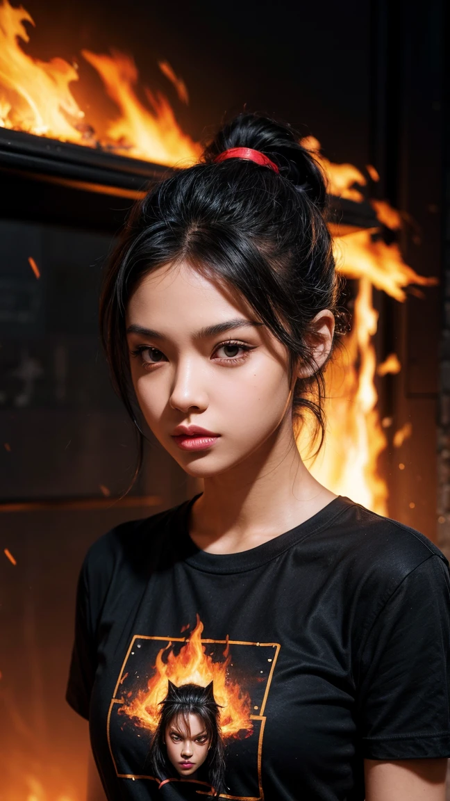 a girl's sloppy appearance mulatto with ponytail black hair, fire, black T-shirt, flames, elegant, digital painting, concept art, sharp focus, illustration  