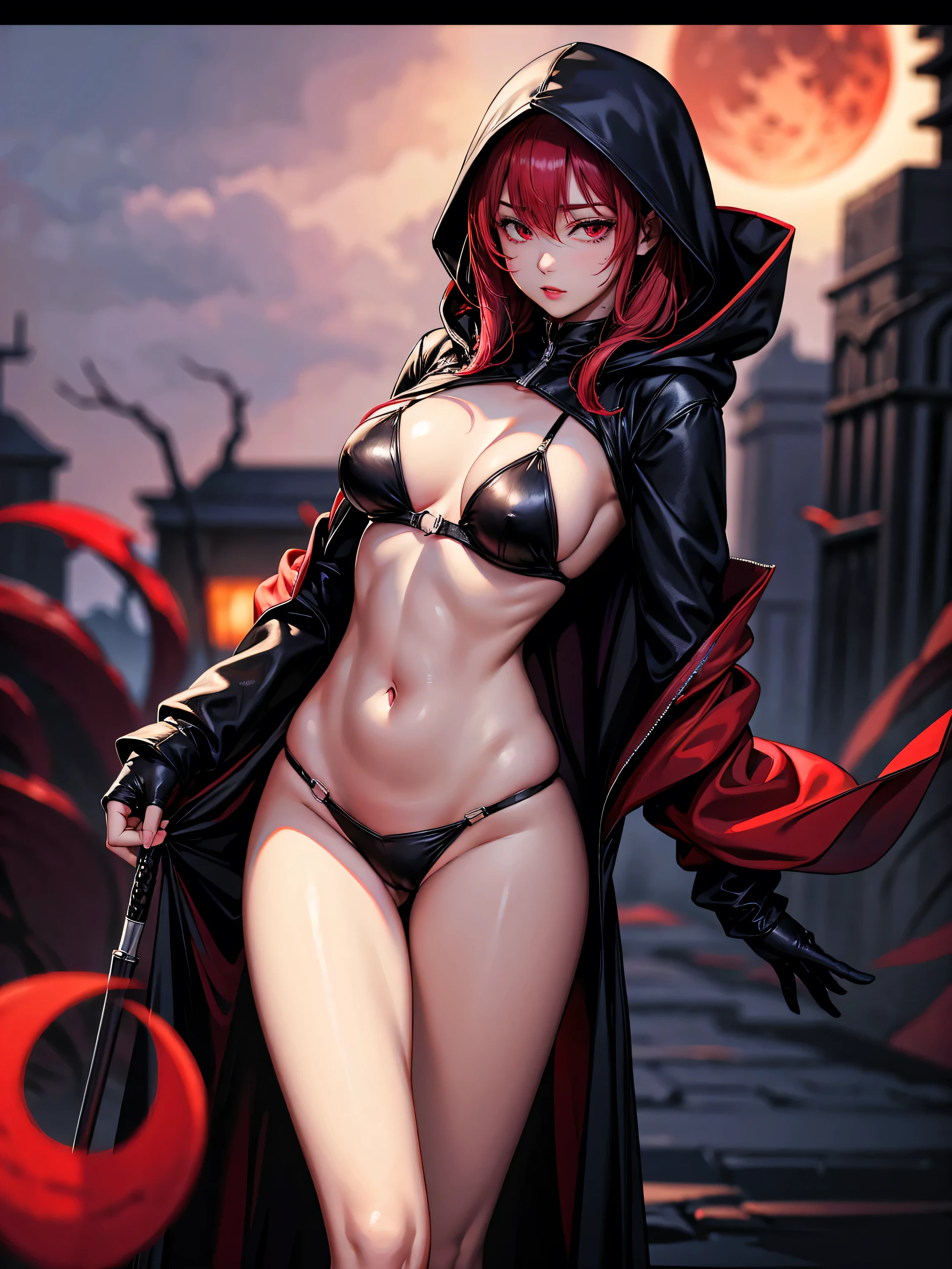 (Name: Kaira Bloodmoon), Using Hooded Assassin Light Outfit, Sexy, Pretty, Beautiful, In a dark shadow