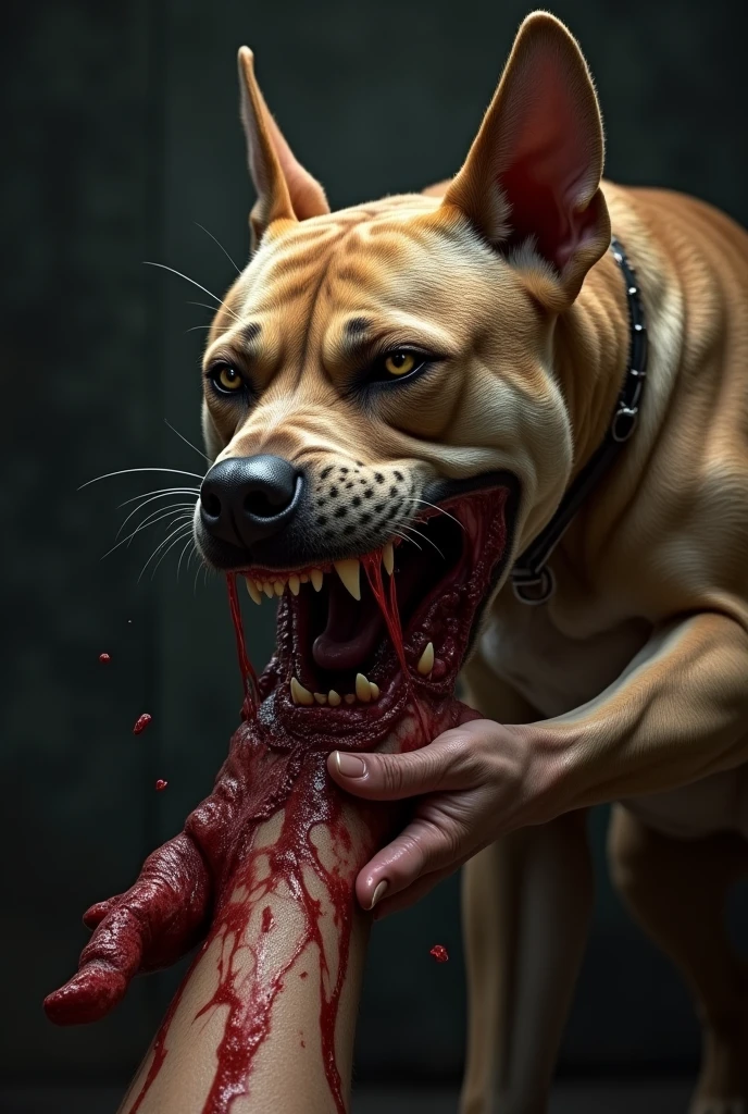 Head of a rabid pit bull with a torn arm in its mouth