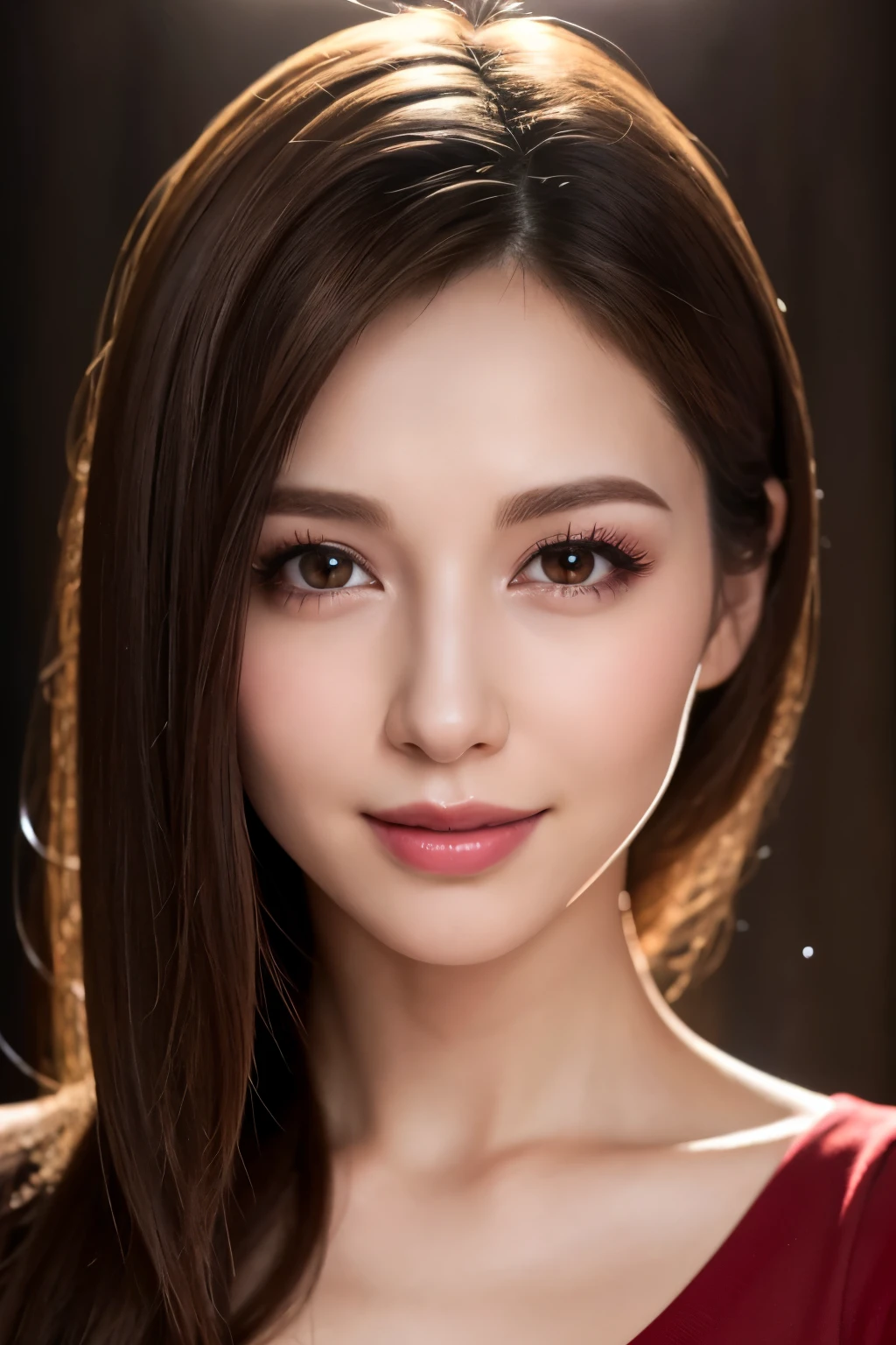 Highest quality. Tabletop, 8k, Best image quality, Award-winning works, One Girl, Perfect V-neck long knit red sweater, Waist up upper body shot, (Look forward), Red eyeshadow, Perfect Makeup, Long eyelashes, Ultra HD Shining Eyes, Ultra HD Hair, Ultra-high resolution glossy lips, Ultra HD cute face, Brown Hair, Very short straight hair, Look at me and smile, clavicle, Accurate anatomy, Face close-up, Luxury Love Hotel, The most atmospheric and warm lighting, Blurred Background