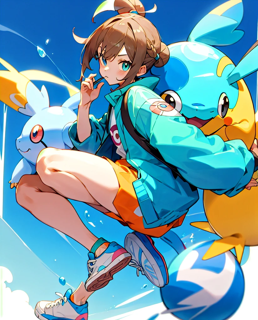 Do then

Pokemon style drawing.  Light brown bun hair, slickedback hair, dark shaped eyes. Turquoise jacket, short azul, white sneakers. Com mochila tye dye. Next to pokemon mudkip.
