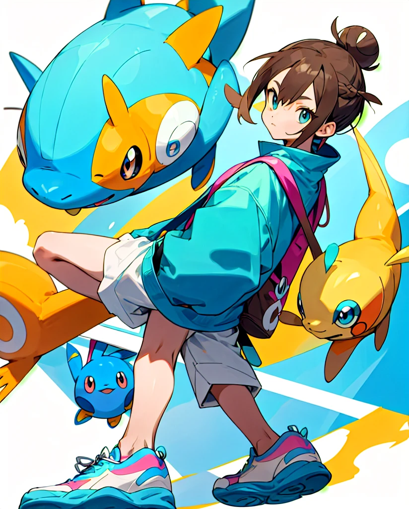 Do then

Pokemon style drawing.  Light brown bun hair, slickedback hair, dark shaped eyes. Turquoise jacket, short azul, white sneakers. Com mochila tye dye. Next to pokemon mudkip.