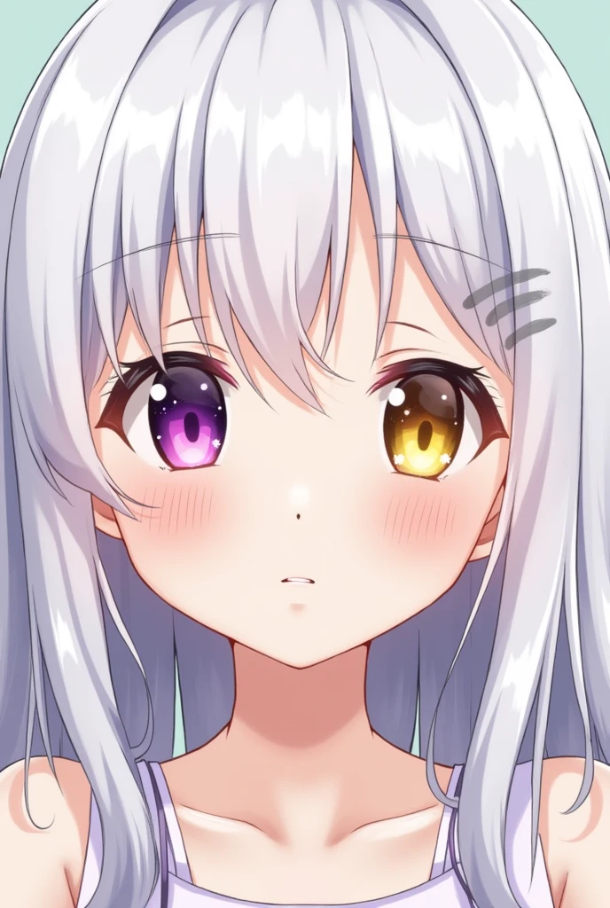 Create an image featuring two anime-style characters, both around ************, each with white hair and heterochromia (different-colored eyes). The first character has her left eye purple and her right eye yellow, while the second character has her left eye yellow and her right eye purple. Both characters have youthful, yet distinct appearances with delicate facial features and expressive eyes.