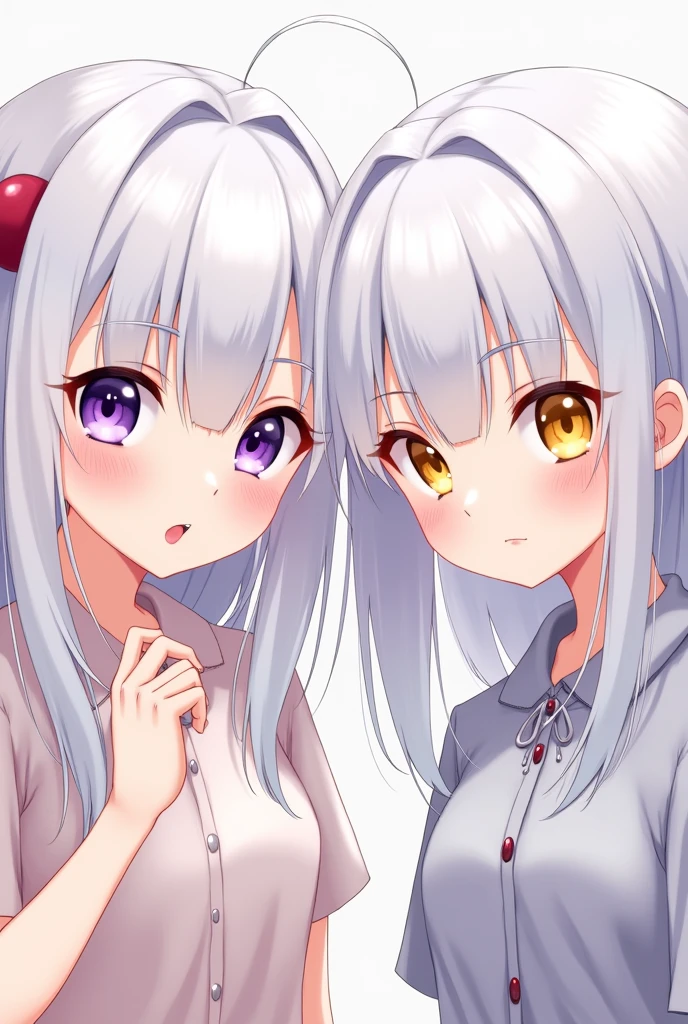 Create an image featuring two anime-style characters, both around 14 years old, each with white hair and heterochromia (different-colored eyes). The first character has her left eye purple and her right eye yellow, while the second character has her left eye yellow and her right eye purple. Both characters have youthful, yet distinct appearances with delicate facial features and expressive eyes.