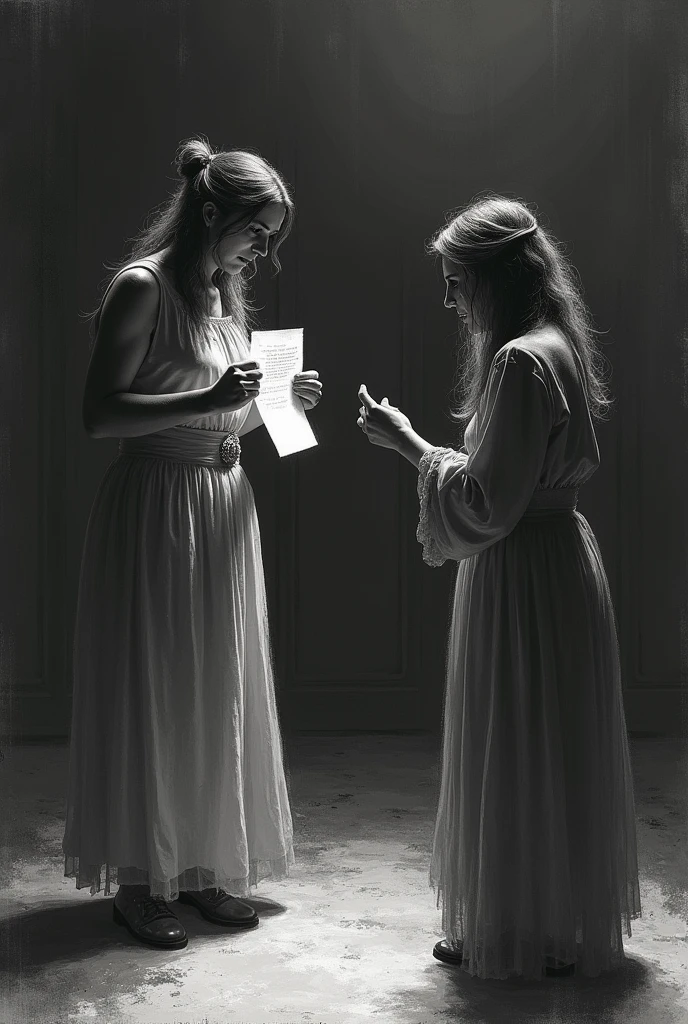 drawing of a very angry woman holding a sheet of paper with evidence of her betrayal, and another one crying, one is far from the other in a room