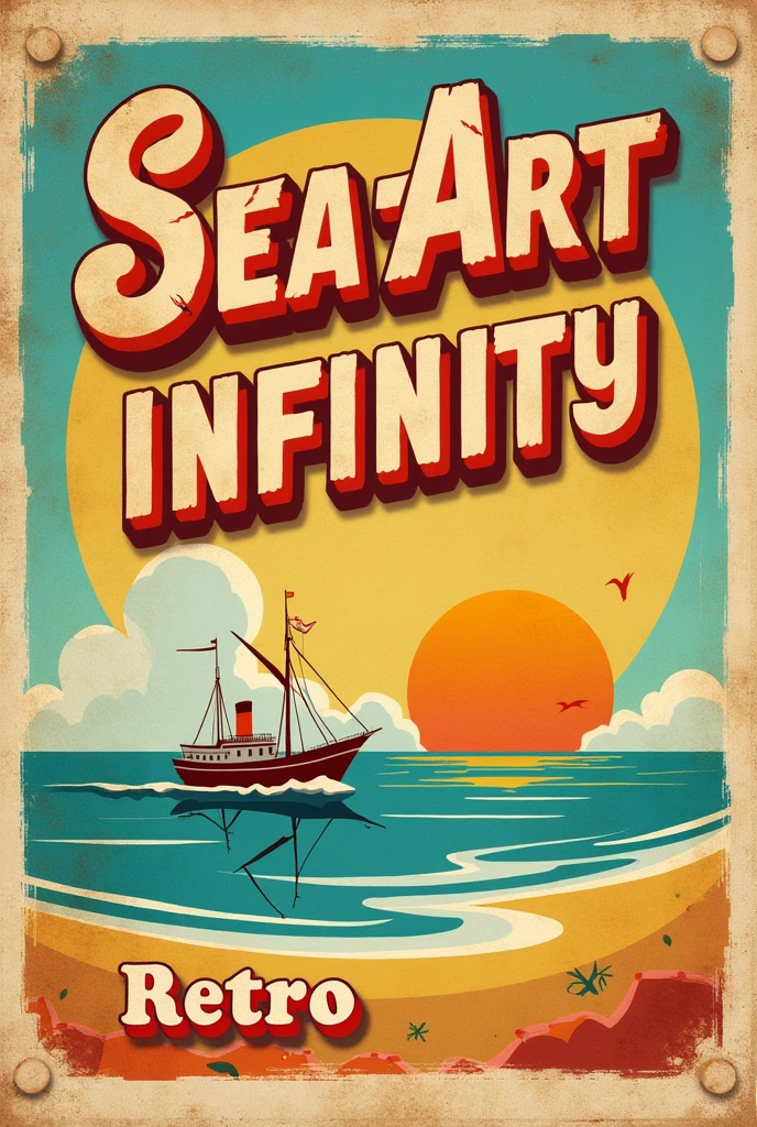 Design a nostalgic poster for "SeaArt Infinity," with the title in a classic, retro font at the top. The background should evoke a sense of the past, with vintage patterns, textures, and colors reminiscent of the 70s or 80s. Below the title, place the word "Retro" in a font that matches the era. Use a color palette of soft pastels or bold, contrasting hues like orange, teal, and yellow to enhance the retro feel.
