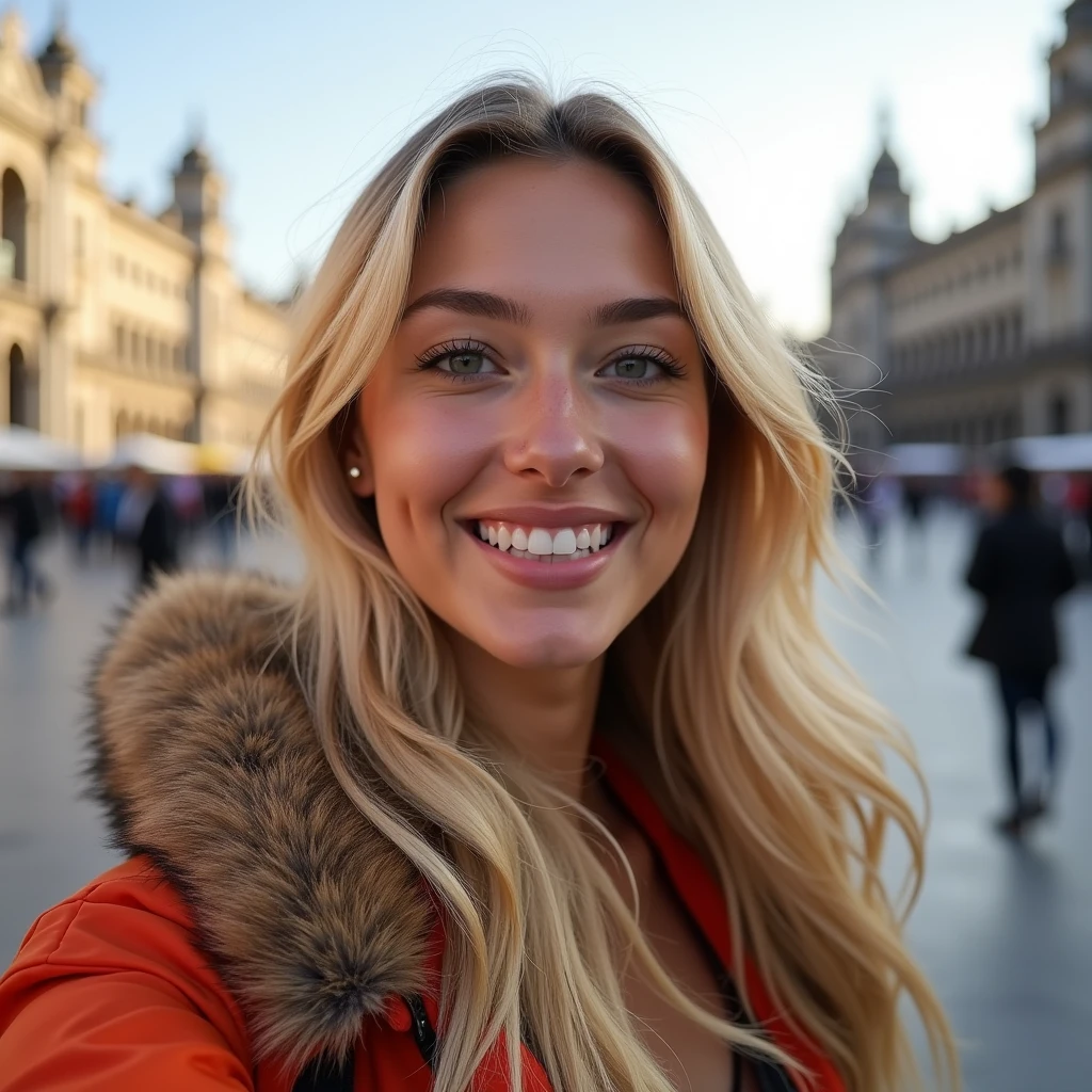 Generates a selfie of a 20-year-old Scandinavian woman, golden fur, in the zocalo of mexico city. with sports clothes, smiling