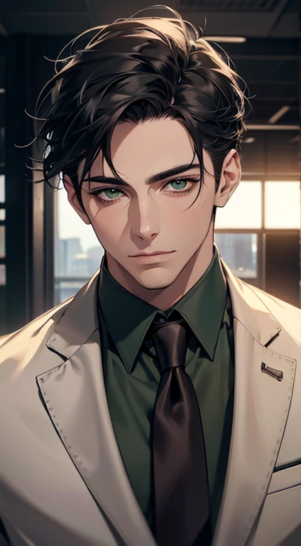 (Highest quality,4K,8K,High resolution,masterpiece:1.2),Super detailed,(Realistic,photoRealistic,photo-Realistic:1.37),1 person,35 years old,Mature Men,Beautiful skin、very handsome,Expressionless,Short gray Black hair,green eyes,Sharp Eyes,A perfect face without a doubt,Businessman, CEO, Office Background,Cinema Lighting,HDR image,tie、