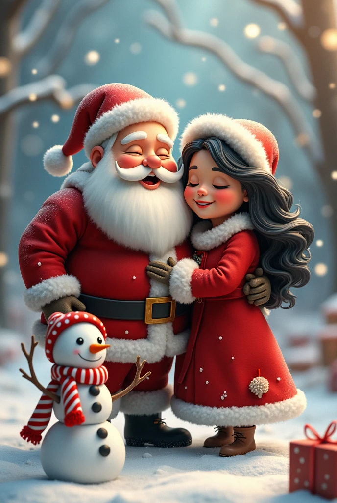 Santa Claus with his chubby wife.black long hair, brown eyes,Snowman,candy cane 