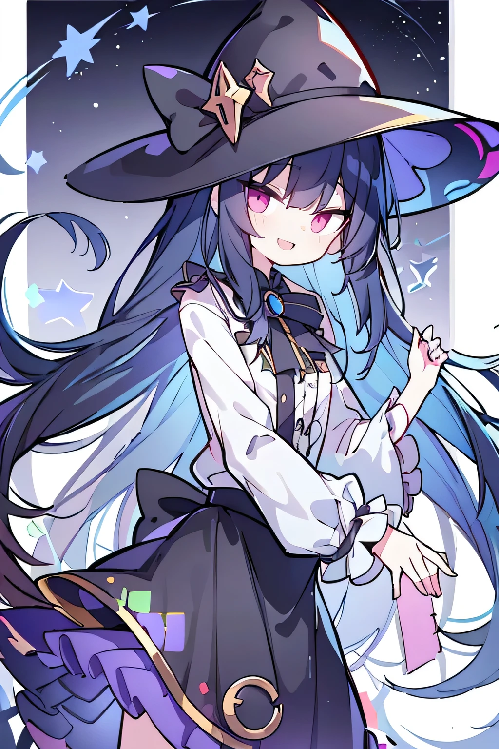 oung Girls,Humanity,A magician always smiles,big witch hat,cute,dark blue long hair,The eyes are dull,The bangs are heavy,Thin eyebrows,fantasy,intake,Double teeth,Star Theme,Constellation pattern,Solid color clothetal decoration,cloak,A bit of a dark atmosphere,A little crazy smile,When the big moon shines outside at night,blood,Hair black star embellishment,Short tie,No nails,High waist skirt,Bell sleeves,Long-sleeved shirt,Black tie,low risk,gentlemen。Mist、Yellow and white effect,Shocking pink as an accent color