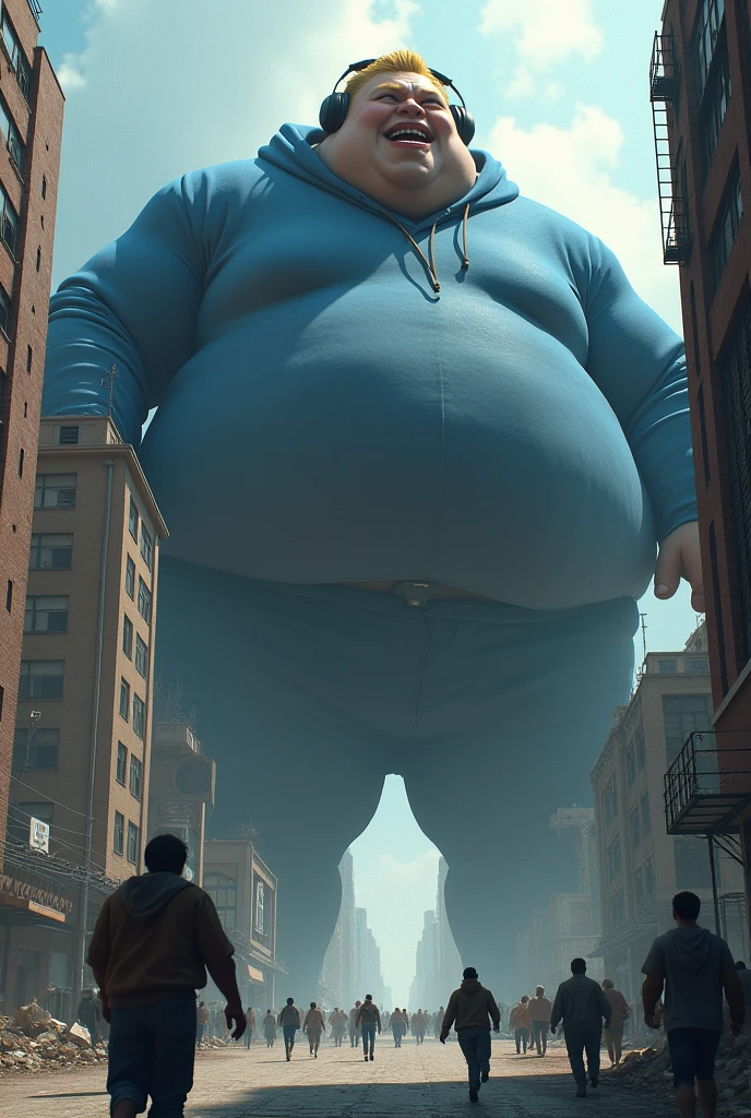 Make a man named caseoh. He is blobde and he has a blue hoodie and headphones make him 300 feet tall eating buildings and he is super fat and add people running and make it look like chaos 