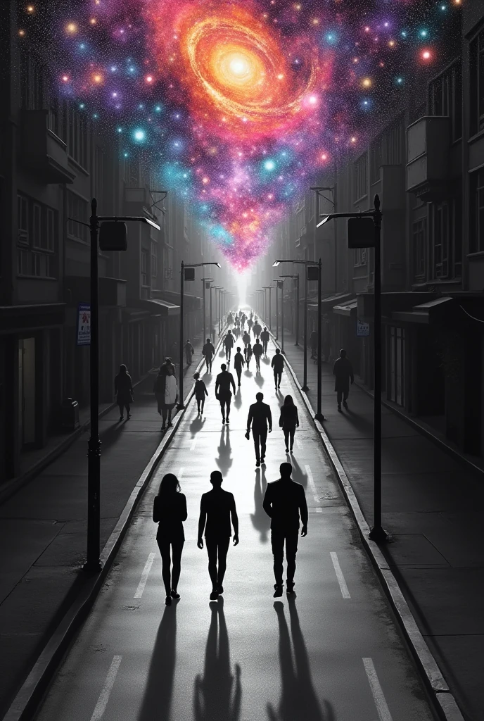 People walking on an avenue, top view and all in black and white. And above every human head colorful galaxies