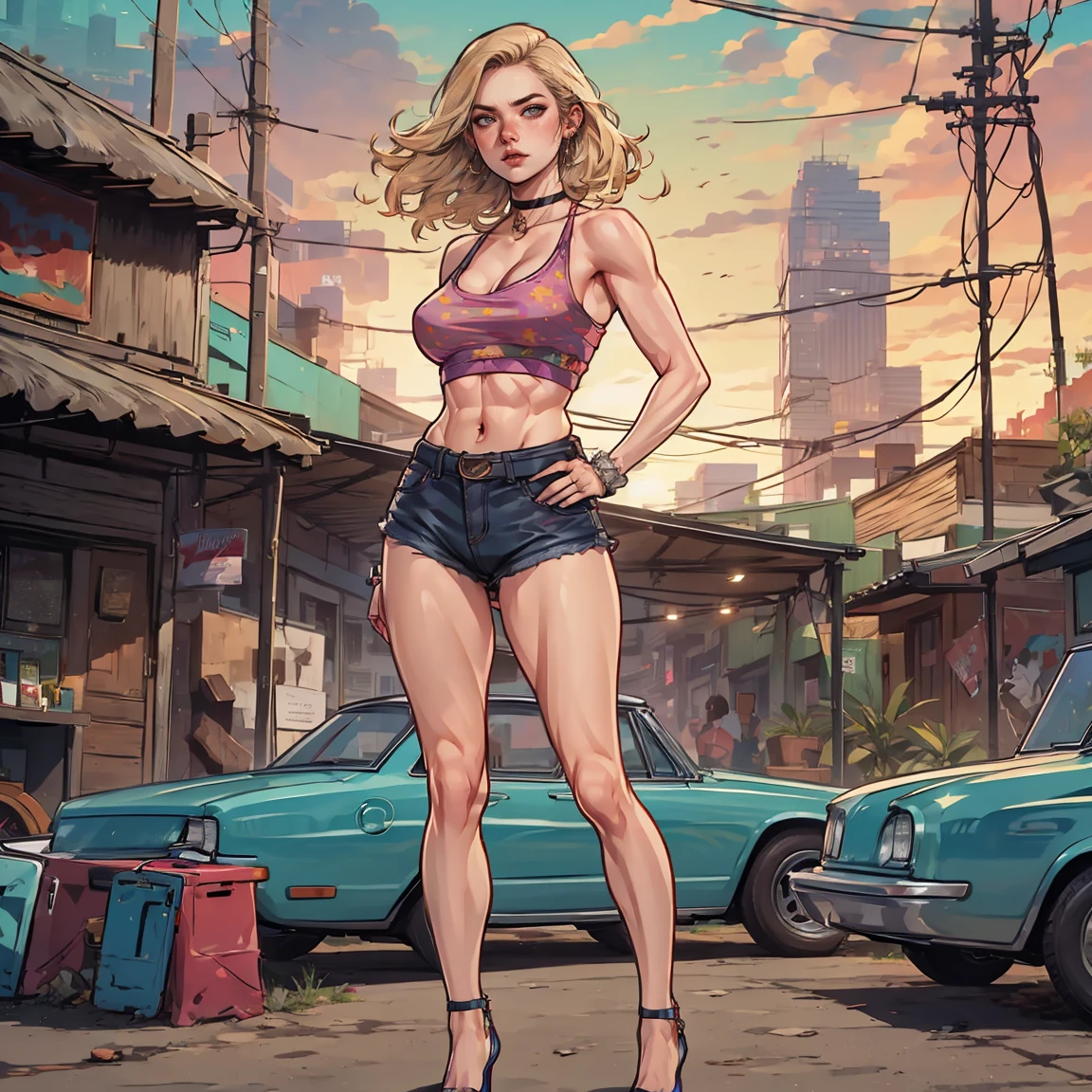 make a Caucasian blonde woman, pointed nose type, long hair, vampire, she's using a small jeans shorts and white tank t-shirt, stand, using white high heels, red lip, black simple chocker, Caucasian, muscular, thighs and thick arms, it's sunset time and the sunlight is getting her face, realistic, full body render, park background, sunset, sensual, high quality