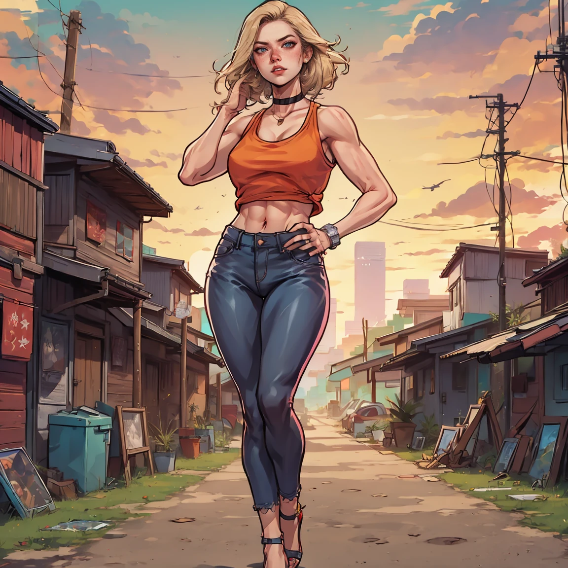 make a Caucasian blonde woman, pointed nose type, long hair, vampire, she's using a small jeans shorts and white tank t-shirt, stand, using white high heels, red lip, black simple chocker, Caucasian, muscular, thighs and thick arms, it's sunset time and the sunlight is getting her face, realistic, full body render, park background, sunset, sensual, high quality