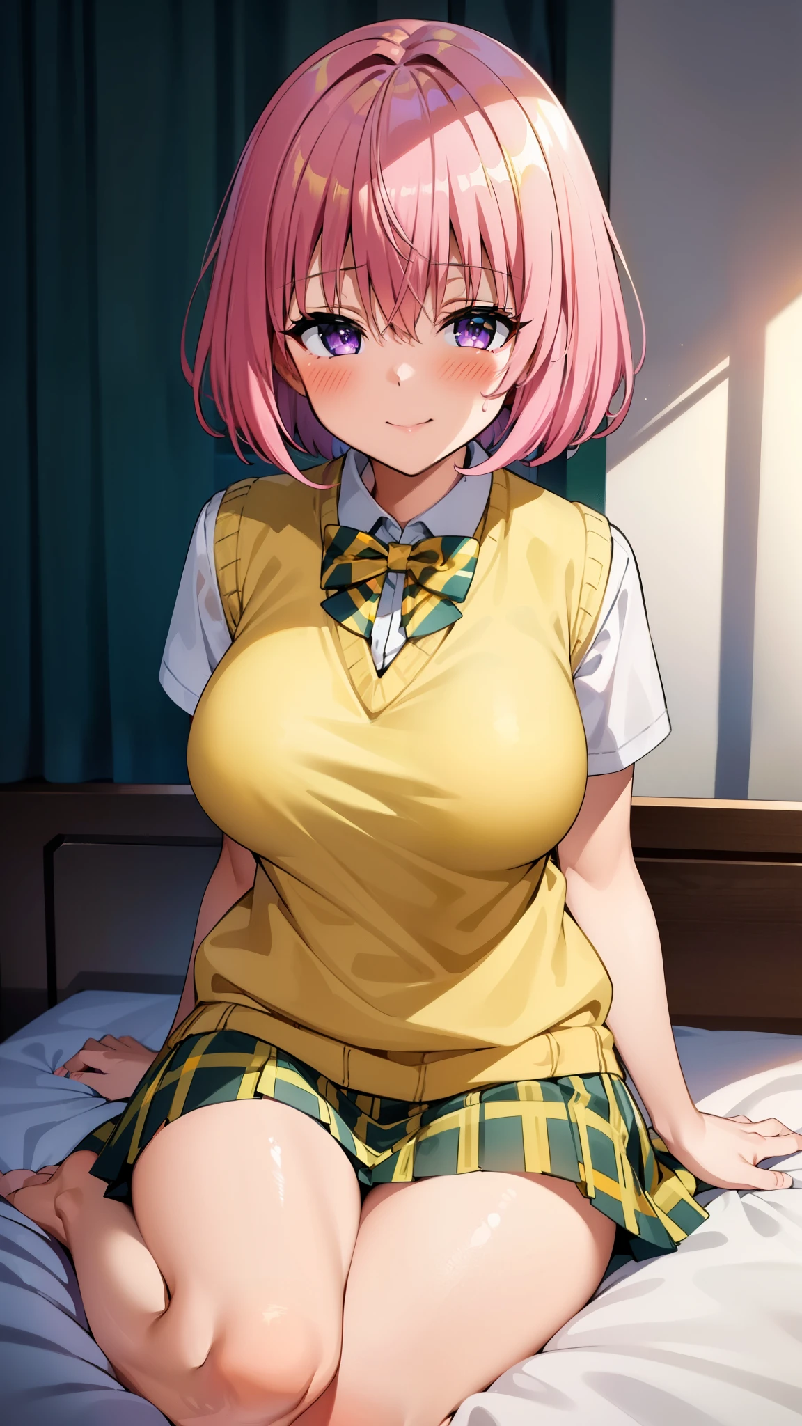 8k,Highest,quality,(highest quality:1.1), (masterpiece:1.4), (Confused:1.0),
1 girl, momo velia deviluke, hair ornaments, Bobcut, Short Hair Pink Hair, Purple eyes, Large Breasts, green skirt, Plaid, Plaid skirt, Sainan High School uniform, skirt, Sweater vest, Knee socks, (Yellow Sweater:1.5), Short sleeve,((White bed)),((In her room)), (blush:1.2), smile,(Perfect Fingers),mesugaki,