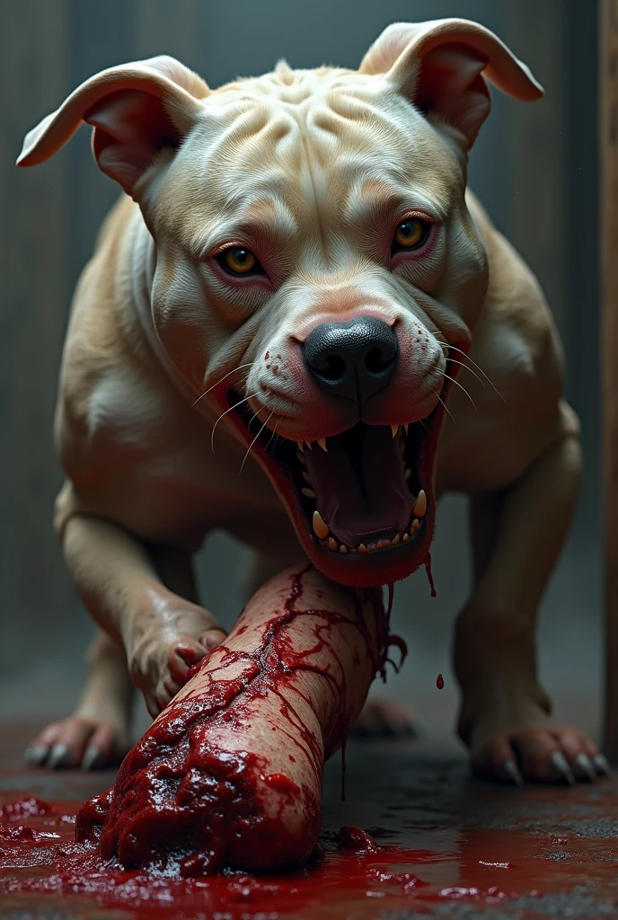 Head of a rabid pit bull with a torn arm in its mouth 