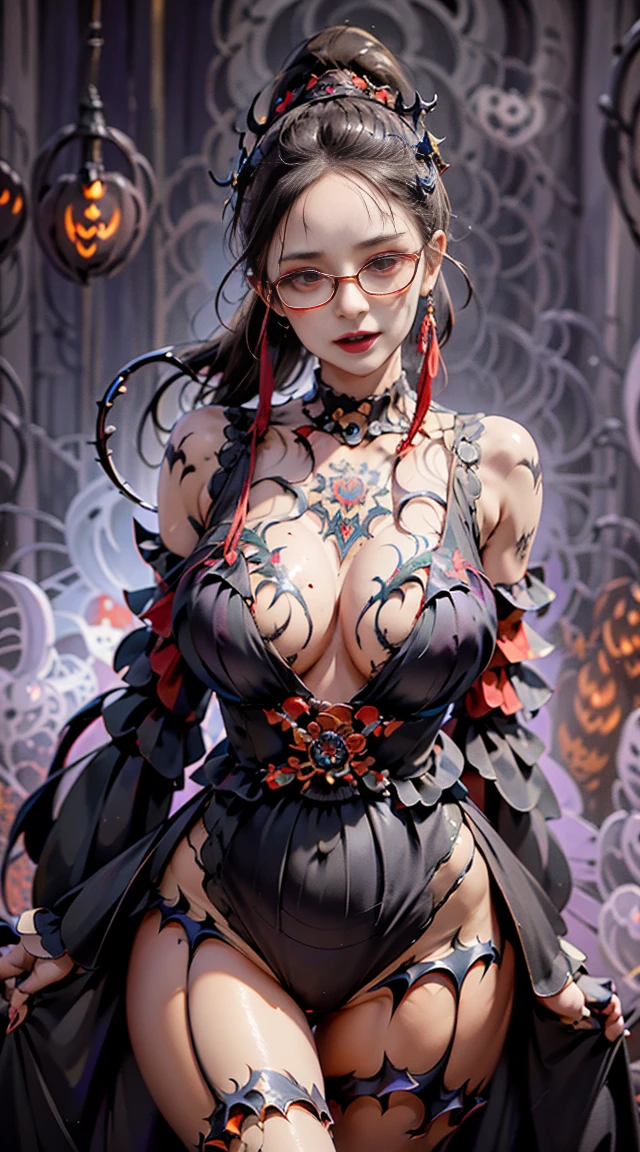 Fine、(The best illustrations)、8k UHD resolution、intricate-detail、top-quality、realisitic、ultra-detailliert、The best lighting、Best Shadows、Soft lighting、Ulutra HD、Ultra-realistic、Tindall Effect、Photorealsitic、(High Detail Skins:1.2)、 (Intricate details, makeup, pureerosface_v1:0.5), (Detailed beautiful delicate face, Detailed beautiful delicate eyes, A perfectly proportioned face, High detailed skin, Detailed skin, best ratio four finger and one thumb, arms below breasts, Tattoo with a red glow under the stomach、Awesome awesome, wide hips, smooth midriff, skiny and thin, __Fashion__, __hair__:1.25)、Digital SLR、 absurderes、1 beautiful devil woman from hell, surreal female portraits by David Hockney and Alphonse Mucha, Portrait of a seductive woman、Fantasy Art, Chinese Doll、Chinese actress、Dungeon、The dragon、Devil's Palace、Devil's Torture Chamber、natta、Dark style 、In the Dark、(Detailed spooky backgrounds:2), magia、 1人、Evil Nun、Dark Necromancer、Succubus、Devil's Daughter、Umi Shinonome、Bat Wings,(((Demon Horns)))、 ((((Huge glasses, Otaku Glasses, thick glasses, Round glasses)))),(((Colossal tits)))、(Devil's Tail)、(red eyes glowing:1.6)、red eyes make up very sharp and detailed, The eyes are very well made up, ((Red Eye:1.0)),intricate tattoos, demonic intricate tattoos, thigh tattoos, body tattoos, masterpiece、The most beautiful face、a baby face、Charming smile、plump beautiful red lips、Muscular seductive body、The enchanting body of the devil、devil style、Seductive Black Magic Costume、(((A shiny red snake is wrapped around her body)))、The long-haired、Braids、A dark-haired、Ponytail distortion、, Ponytail with a bow tied at the back of the hair, Beautiful expression、Body Up、Large breasts emphasis、Bust, Super tight breasts, Breast augmentation surgery, The breasts are very big and round and round,Toned waist、Wide buttocks、 lowkey, cowboy lens, (Black Phoenix Dress: 1.0), devil crown, Red sparkling gemstone necklace、Jewelry Gwise, wearing black mesh socks,Wear light red、nffs