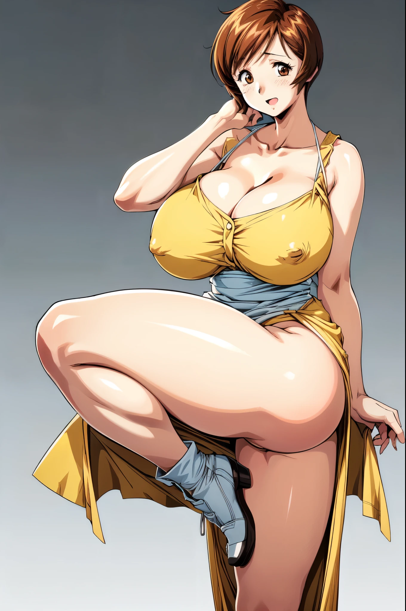masterpiece, Highest quality, High resolution, One girl, alone, sexual intercourse, Pornographic images, short hair, etsukoto, Brown eyes, fine grain, fine grain, (white skin color), (((Thick thighs, Plump thighs, Voluptuous thighs, Thighs alone are enough))), ((Huge and enough breasts, Cleavage, Big long breasts)), Naughty big,((Big breasts are important))、((Naughty thighs)), L Cup, (thin:1.4),(Tight waist:1.4), (Yellow Dress:1.4), ((white waist apron)), White panties, (((Simple Background))), smile, Open your mouth, ((Wide Hips)), (Shiny skin, Oily skin), Mature mother, Calf, Seductive mature woman, Mature Woman, Perfect body, Plus Size Model, Curvy, enough, etsukoto, blush, clavicle, retro artstyle, 1990s (style), (Thick thighs:1.4), (from side:0.9), (standing), (((spread legs))), ((bare legs)), full body shot, nsfw,