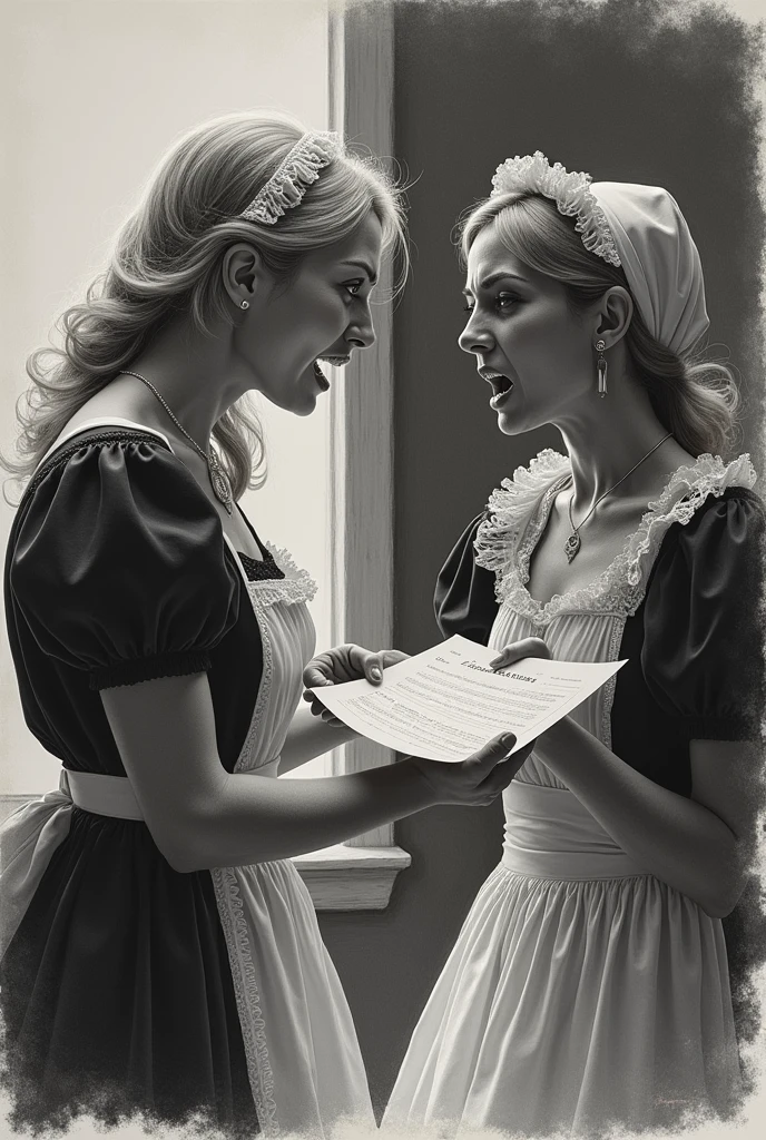 drawing of a very angry woman holding a sheet of paper with evidence of her betrayal, and another one crying, one is far from the other in a room, one woman is blonde and the other is a black maid
