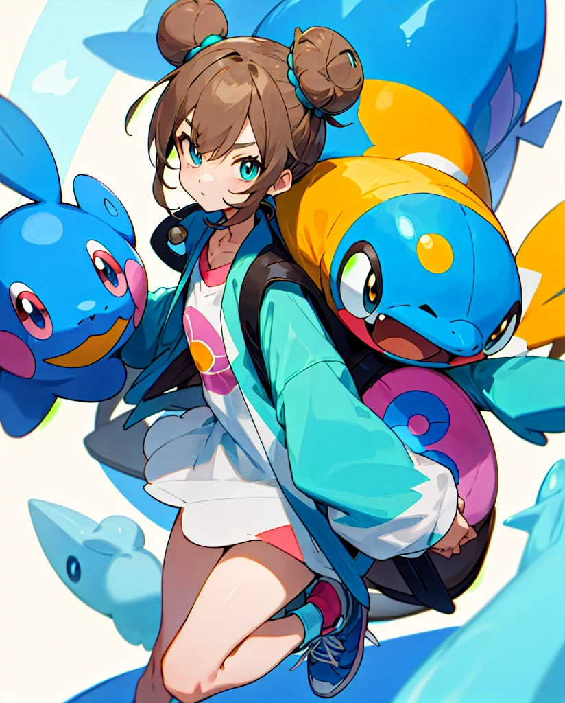 Do then
Pokemon style drawing. Light brown bun hair, slickedback hair, dark shaped eyes. Turquoise jacket, short azul, white sneakers. Com mochila tye dye. Next to pokemon mudkip.
