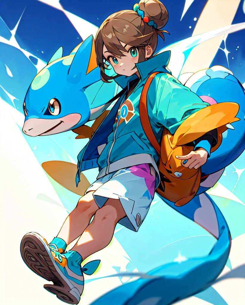 Do then
Pokemon style drawing. Light brown bun hair, slickedback hair, dark shaped eyes. Turquoise jacket, short azul, white sneakers. Com mochila tye dye. Next to pokemon mudkip.