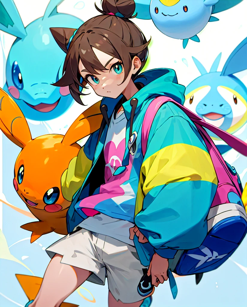 Do then
Pokemon style drawing. Light brown bun hair, slickedback hair, dark shaped eyes. Turquoise jacket, short azul, white sneakers. Com mochila tye dye. Next to pokemon mudkip.