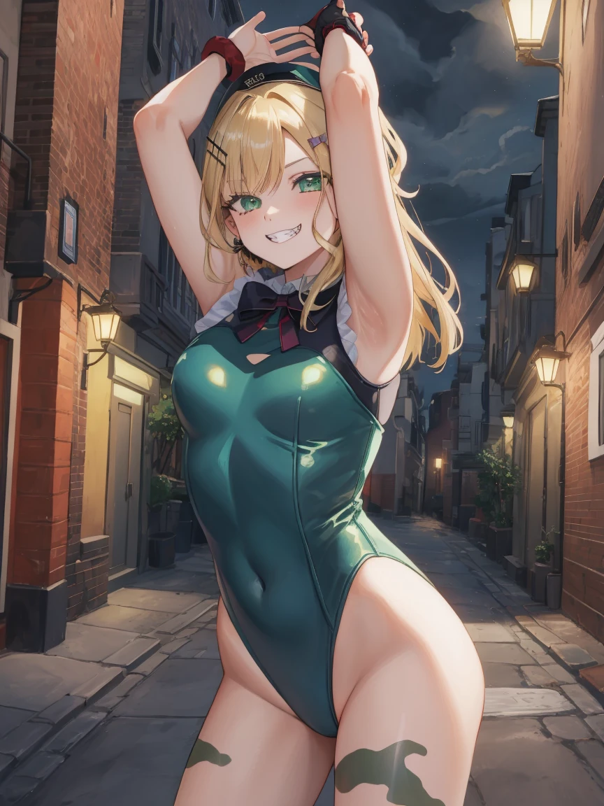 Portrait, official art, best masterpiece, best quality, best resolution, 8K, best detailed, perfect anatomy
break
cammy stretch \(meme\), stretching, arms up
break
1girl, solo, kurumi noah, hairclip, hair ornament, bow, jewelry, medium breasts, cute, Green Eyes
break
blonde hair, antenna hair, beret, (red headwear:1.3), scar on cheek, green leotard, sleeveless, red gloves, fingerless gloves, camouflage
break
(lewd smile), grin
break
Back alley, downtown, (night, midnight, darkness:1.4), very fine and detailed 16KCG wallpapersrs