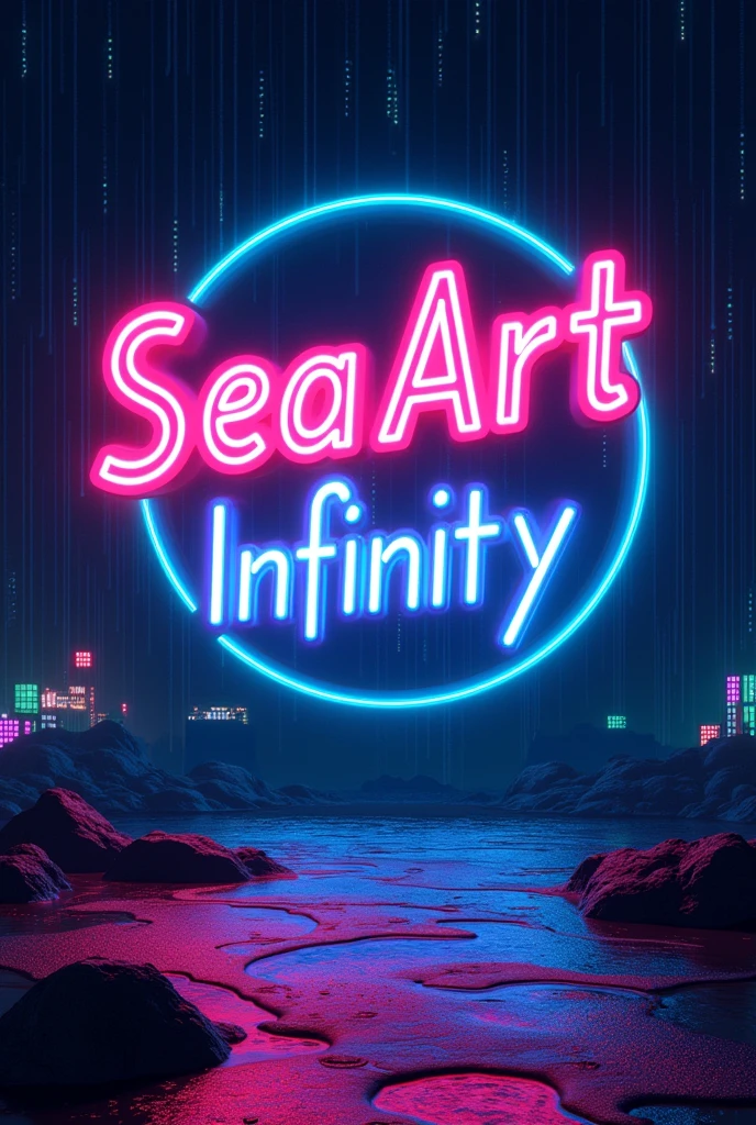 Create a vibrant, eye-catching poster for "SeaArt Infinity," with the title in a glowing, neon-style font at the top. The background should be dark with bright neon lights, evoking a sense of nightlife and energy. Below the title, include the word "Neon" in a similar glowing font that complements the overall design. Use a palette of bright neon colors like electric blues, pinks, and greens to create a dynamic and lively visual.