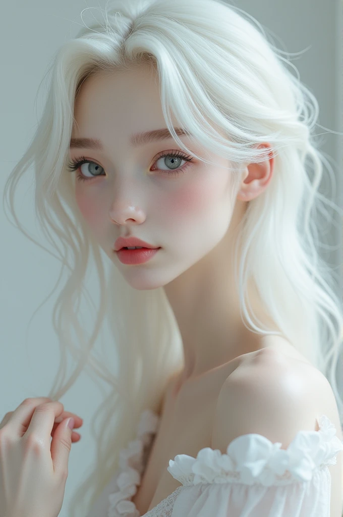 he has white hair and light gray eyes. He has full and pink lips. It has white skin with pink tones, its skin is milky and easy to mark. He has a perfect profile, which matches perfectly with his face, he has a thin and cute body. He has thin shoulders, thin arms, long and thin hands. It has a slightly marked collarbone. It has small, pink nipples that are extremely sensitive to touch. It has beautiful curves that shape your body. He has thin legs, slightly thick and ve