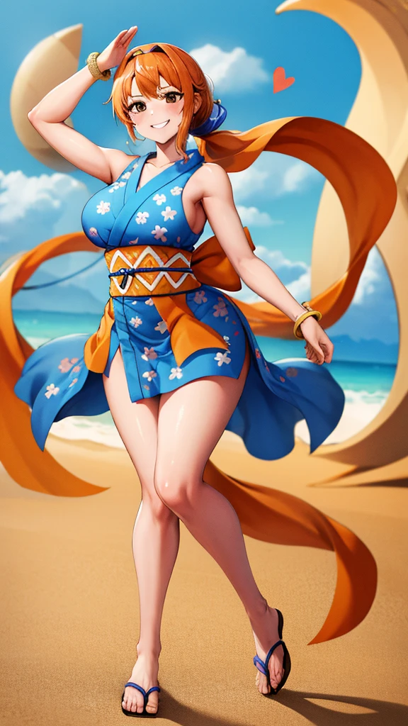 full body:1.3masterpiece, best quality, high resolution, us (piece), Long hair, Orange Hair, Low Ponytail, Headband, Blue Ribbon, Brown eyes, clavicle, cleveage, Short Kimono, Blue Kimono, sleeveless, karate,  bracelet, sash, Heart, permanent, Cowboy shooting, Challenging poses, 海滩Heart情, beautiful beach, Smile,