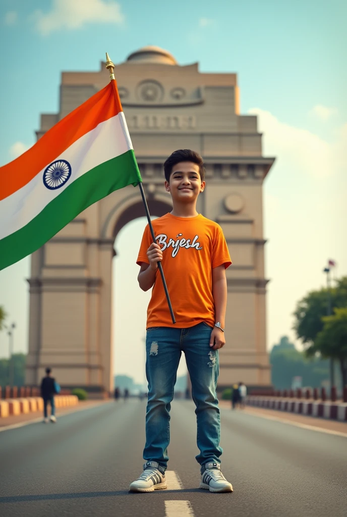 A real 20 years old boy, Wearing Orange T shirt blue jeans sneakers and the name "Brijesh" is written on his t-shirt and the boy is standing on the road with holding a national flag of India, and behind him is the India gate Delhi. And "Happy Independence Day 2024" written at above sky Create Realistic image high quality.