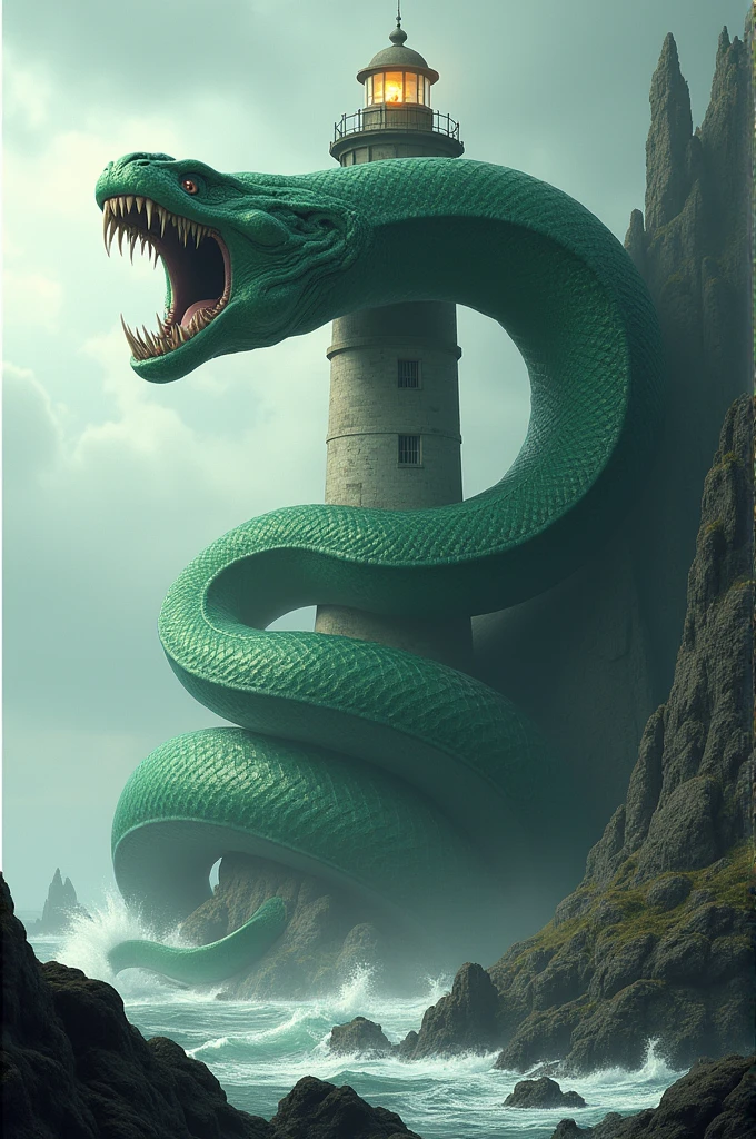 Make a realistic image of a giant green moray eel wrapping itself around the structure of a ship&#39;s lighthouse on an island. The moray eel&#39;s head will be on top of the lighthouse with its mouth open ready to attack.. Do it paying attention to the smallest details so that it looks realistic..