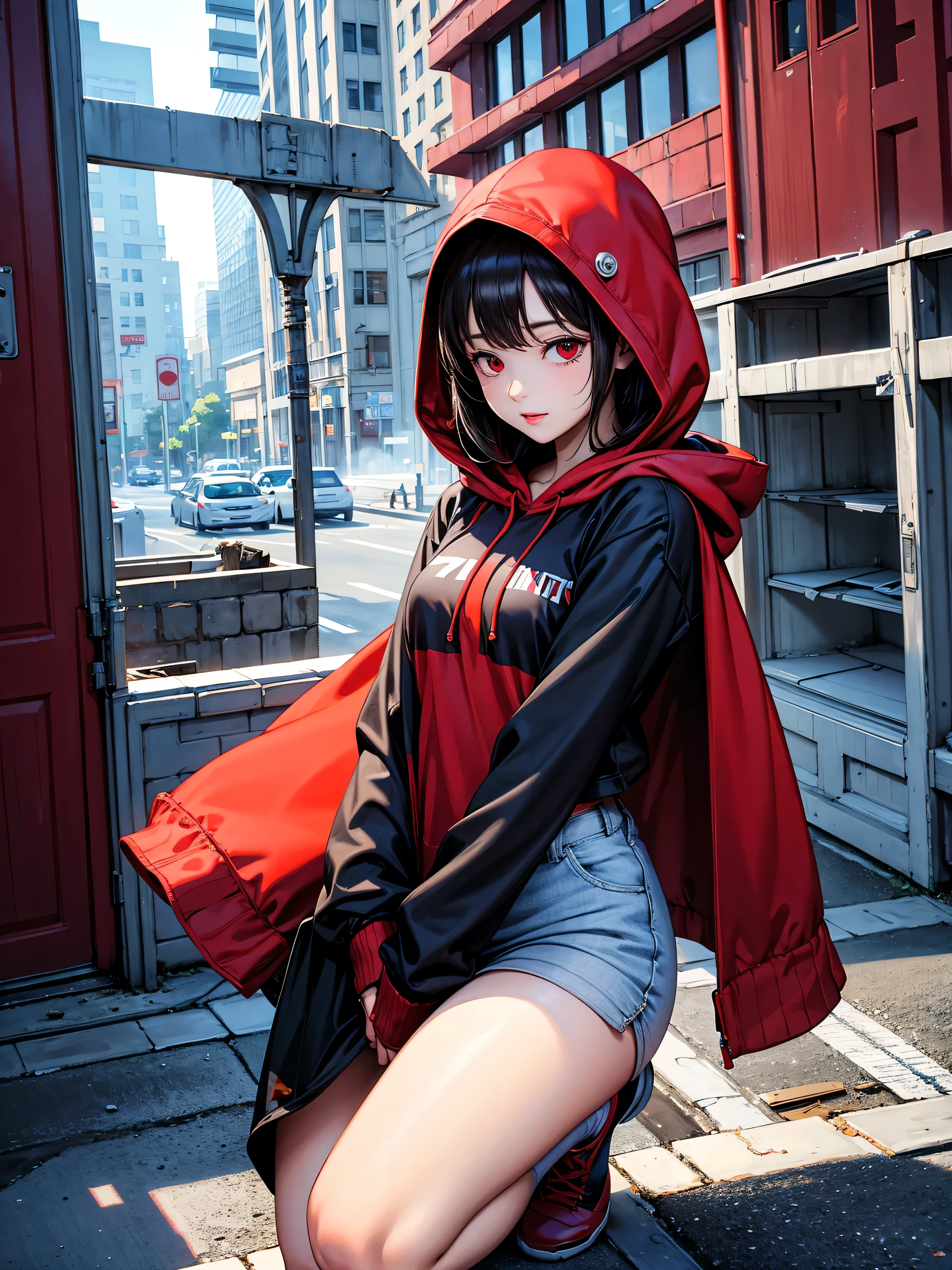 (Name: Kaira Bloodmoon), Using Hooded Assassin Light Outfit, Pretty, Beautiful, In a Abandoned Building, Red Eyes