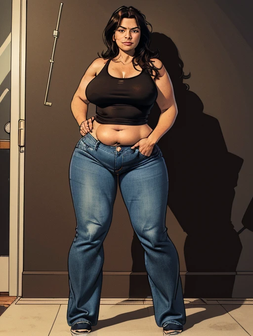 Overweight Mature Woman, 45 years old, Latina, brown, long black hair, wide face, some wrinkles, big brown eyes, wide nose, big mouth, black dot sign near mouth upper right side, short shoulders, medium sized breasts, big torso, fat belly, big wide hips, big ass, little defined big legs, short height, ((wearing flare jeans, shirt)), indoors, modern minimalist decor, ((Full body photography)), ((draw the feet)), drop shadow, vignetting, UHD, masterpiece, anatomically correct, textured skin, super detail, high details, high quality, award winning, best quality, highres, (((Well-drawn eyes, not squinting))), (((well-drawn face, not deformed)))