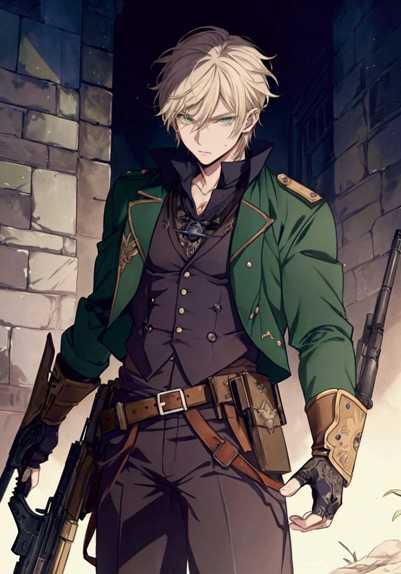 (Masterpiece), ((Highest Quality)),(Official Art),dark epic:1.2),(1 solo anime boy: 1.3). A badass gunslinger man with spiky delinquent blonde hair, green eyes, and scar on his right cheek. He is clad in a military uniform, aiming a flintlock rifle in the shadows of a steampunk city. Detailed picture. Detailed eyes. Masculine jaws. Soft fairytale picture book Arthur Rackham. Colorful, best detailed ((super detailed)), (highly detailed 2D anime boy illustration), ((dark and beautiful))