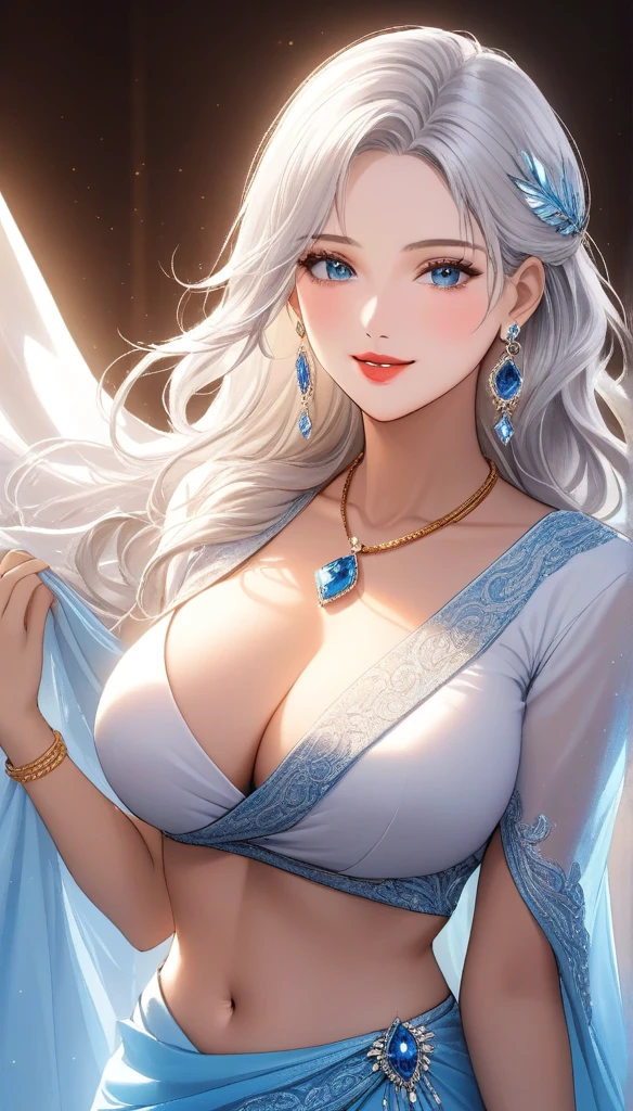 (1 mature ice queen ,wavy blunt silky white hair , crystal full sleeve white blouse, crystal embedded saree, long feather earrings, detailed alluring blue eyes, smooth detailed lips, beautiful face, smiling, red lipstick, navel, bangles, saggy breasts, photorealistic, 8k, hyperdetailed, vibrant colors, studio lighting, masterpiece, cinematic composition, dramatic lighting, intricate details, highly realistic skin textures, volumetric lighting, beautiful intricate jewelry, warm color palette, natural lighting, elegant pose, beautiful detailed expression, hyper realistic rendering, seamless blending, flawless skin, glowing skin, delicate features, breathtaking realism, striking composition),tall , necklace, bangles ,full body view
