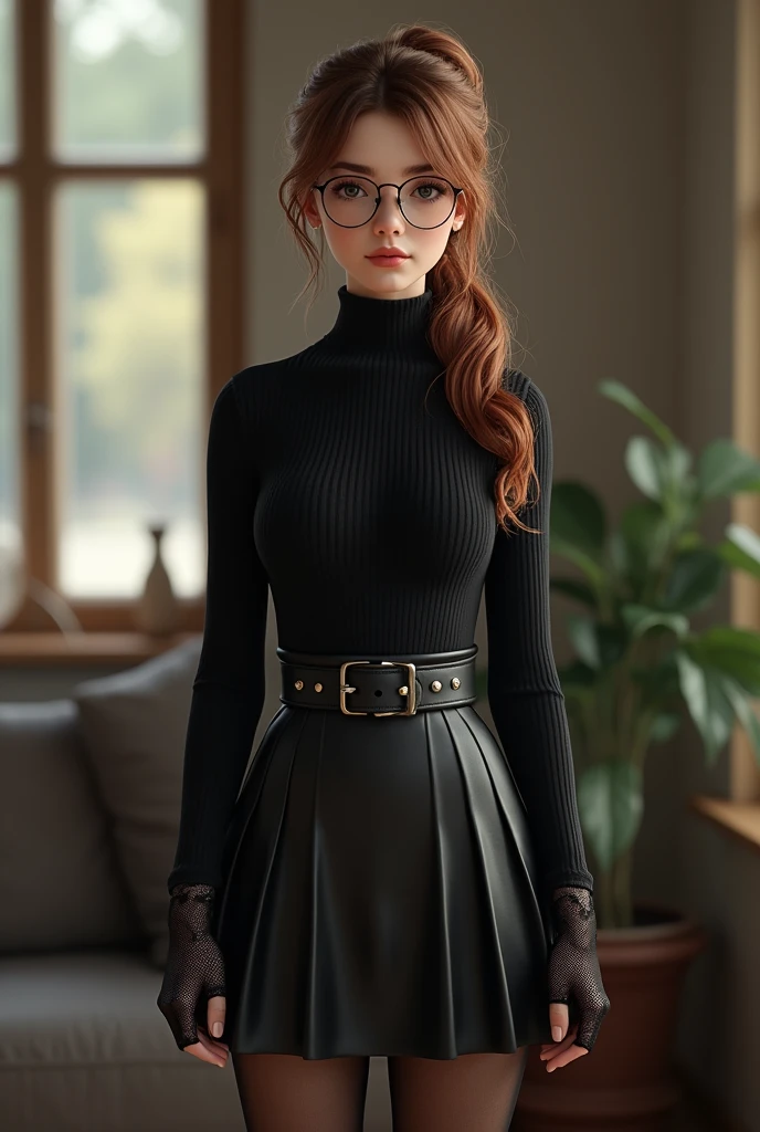 A beautiful young German woman with brown hair in a ponytail, wearing a turtleneck and a skirt, black pantyhose, glasses, and black lace gloves, standing indoors, cute face, full body view, detailed and realistic, (best quality,4k,8k,highres,masterpiece:1.2),ultra-detailed,(realistic,photorealistic,photo-realistic:1.37),HDR,UHD,studio lighting,ultra-fine painting,sharp focus,physically-based rendering,extreme detail description,professional,vivid colors,bokeh,portrait