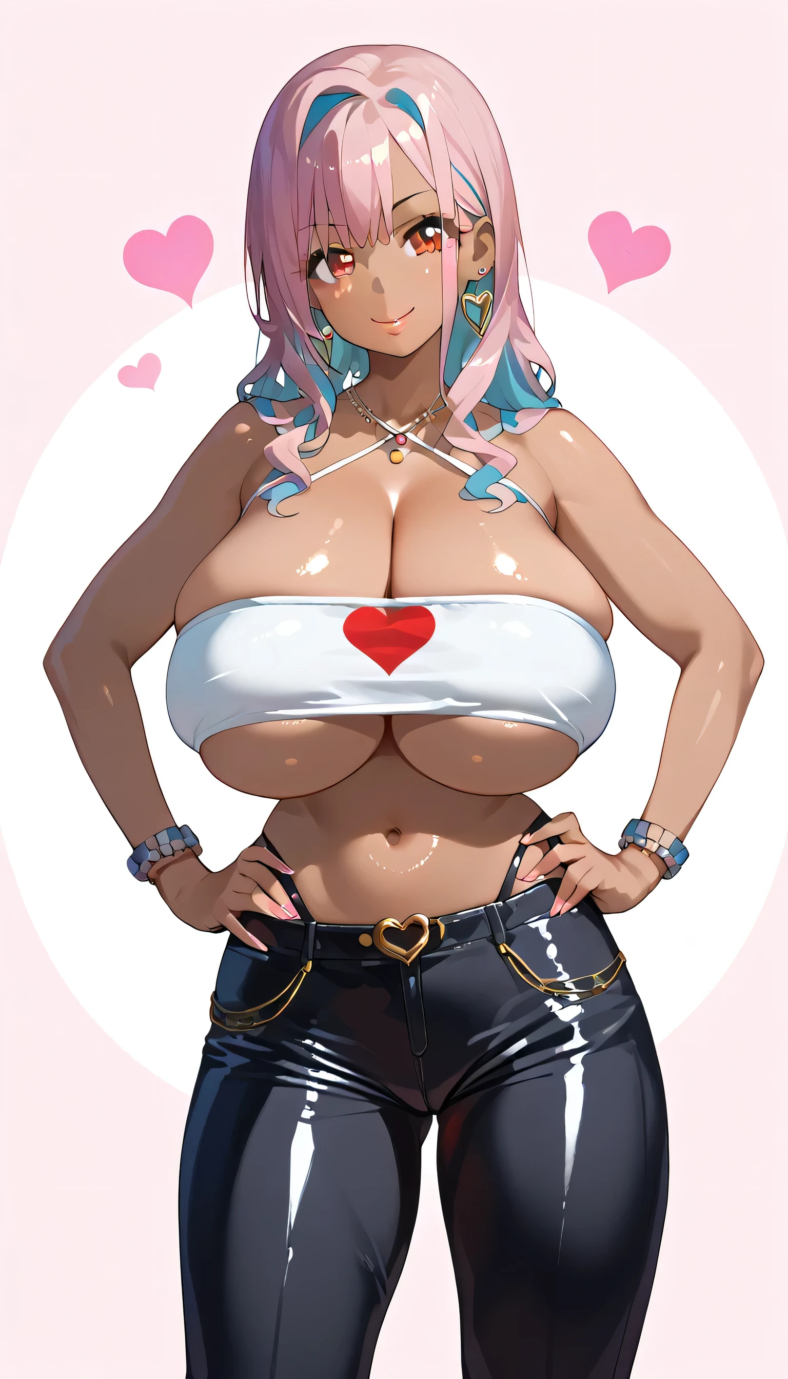 cleavage, detailed, highres, sensual, wide hips, 1 girl, red eyes, blonder hair, long hair, dark skin, Latex pants, long-sleeved blouse and strapless top, underboob, gyaru, lips, Naughty girl smile, shiny skin, simple heart shape background, gigantic breasts, saggy breasts, big hip, thick thighs