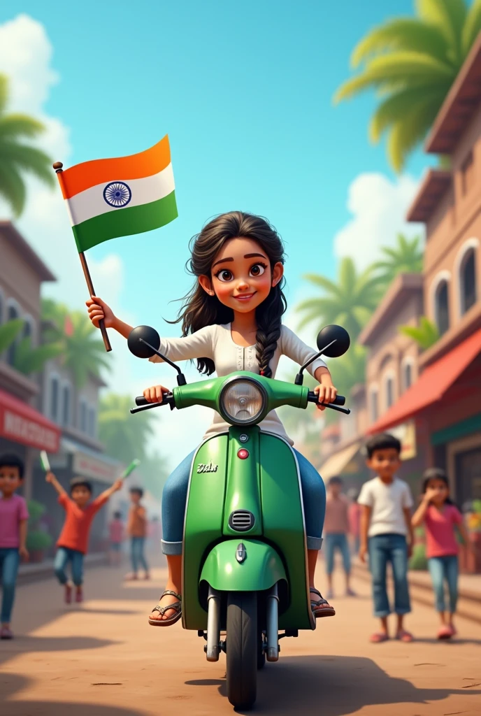 realistic Indian 18 year old girl sitting with scooty Holding Indian flag and celebrating India festival happy independence day with background of blue sky in Indian Street and girl wearing white kurta and jeans with name”PRITI...’ style hair on it by the way childrens are holding Indian flag playinga round, some children also playing, and someuncles drinking tea at a shop. also a text written “Happy independence day”at top, 3D art painting real photowith high resolution.