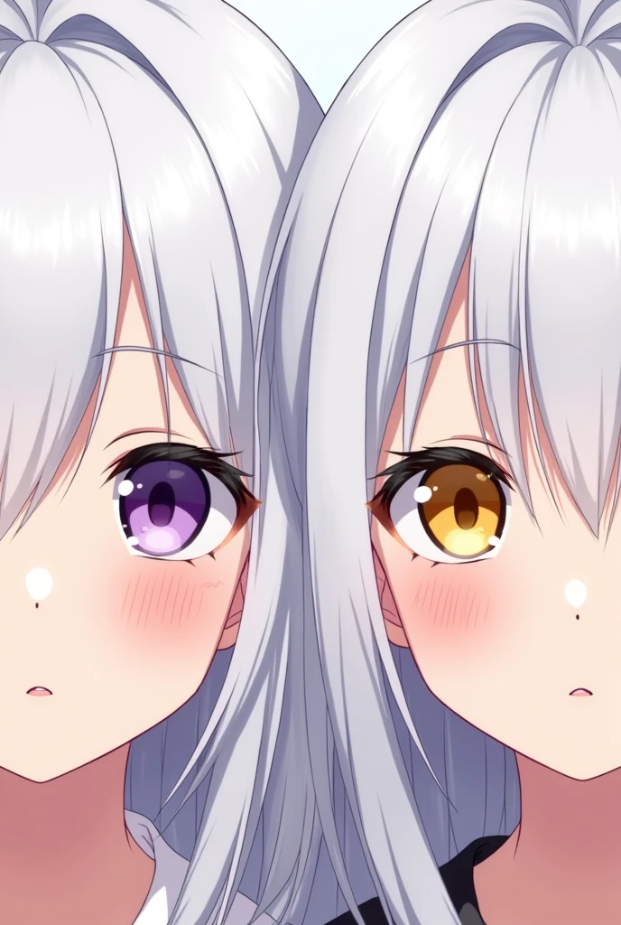 Create an image featuring two anime-style characters, both around 14 years old, each with white hair and heterochromia (different-colored eyes). The first character has her left eye purple and her right eye yellow, while the second character has her left eye yellow and her right eye purple. Both characters have youthful, yet distinct appearances with delicate facial features and expressive eyes.