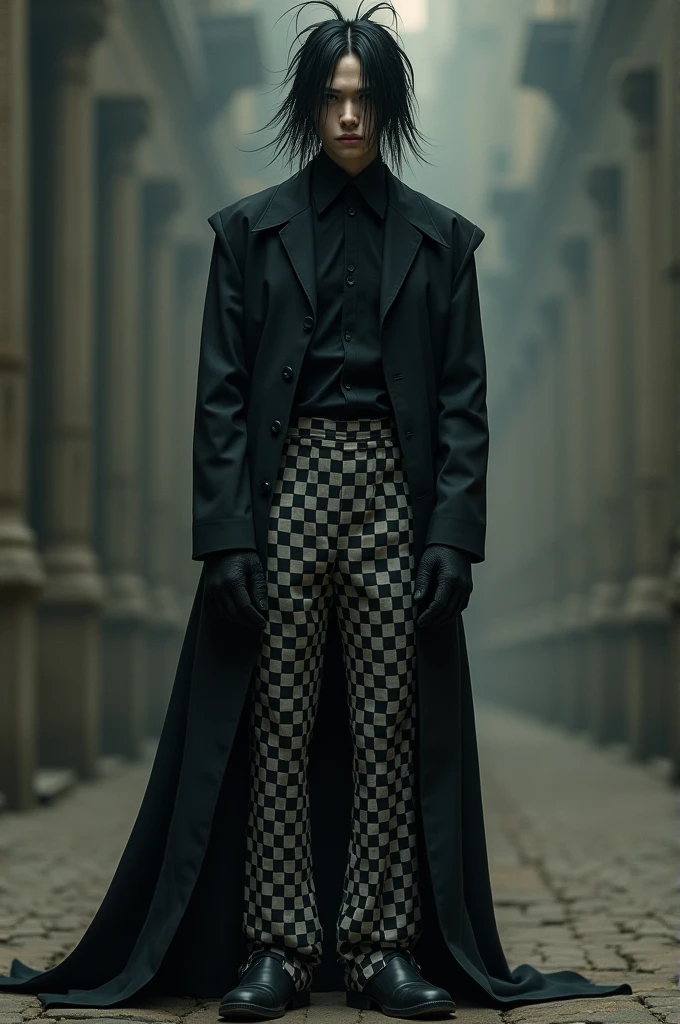 Guy with a ghoul haircut, dressed in a long and checkered pants