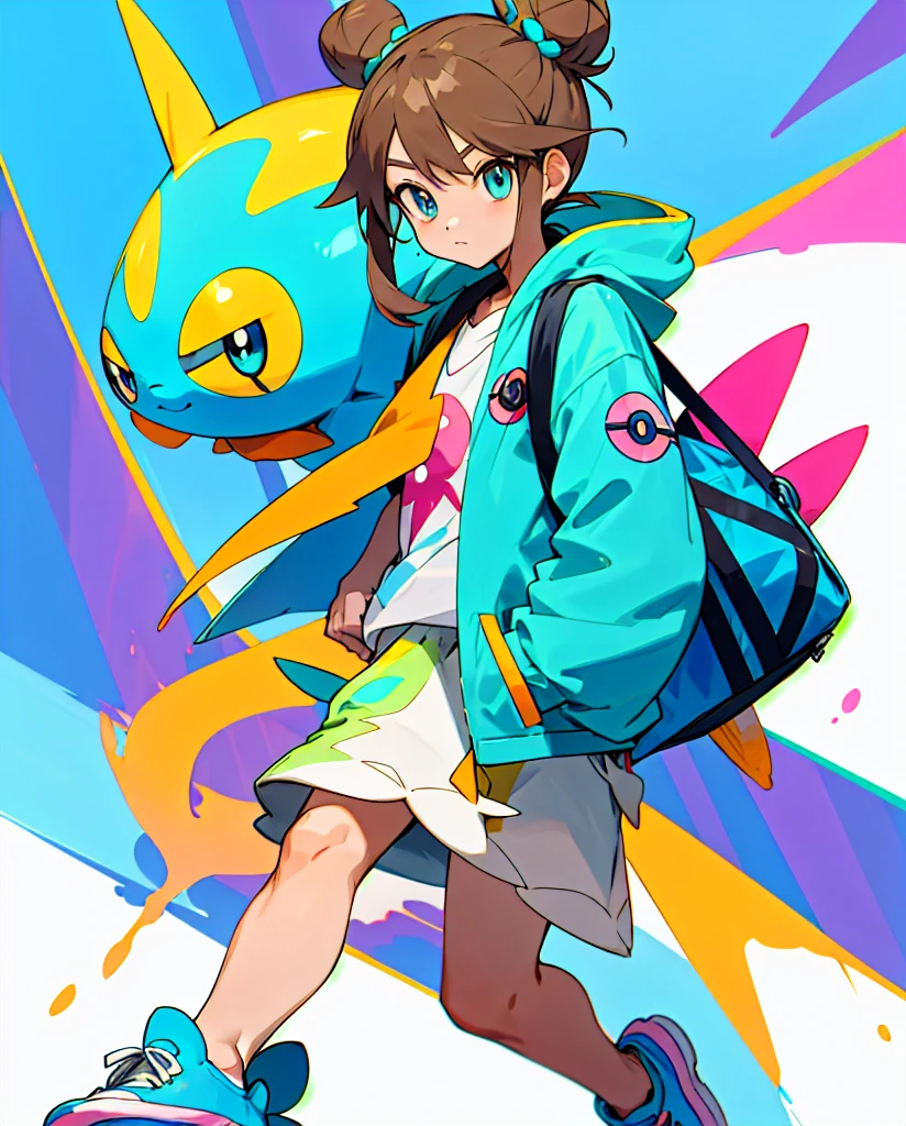 Do then
Pokemon style drawing. Light brown bun hair, slickedback hair, dark shaped eyes. Turquoise jacket, short azul, white sneakers. Com mochila tye dye. Next to pokemon mudkip.