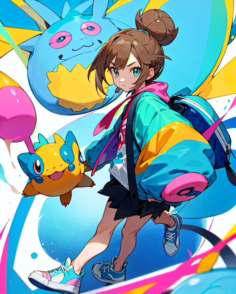 Do then
Pokemon style drawing. Light brown bun hair, slickedback hair, dark shaped eyes. Turquoise jacket, short azul, white sneakers. Com mochila tye dye. Next to pokemon mudkip.