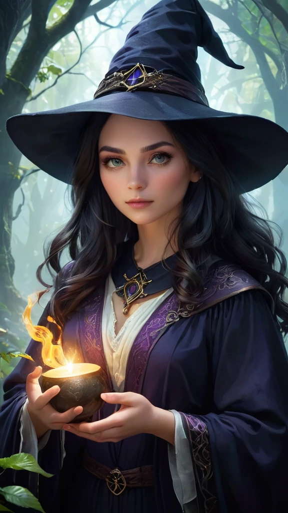 Create a captivating and mystical artwork featuring a powerful witch in her natural habitat, weaving enchantments with her ancient spells and mystical artifacts. This digital masterpiece should transport viewers into a realm of magic and wonder, with intricate details in her spellcasting rituals, a mesmerizing blend of arcane symbols and shimmering incantations. The witch herself should exude an aura of otherworldly wisdom and intrigue, her eyes glowing with arcane energy, surrounded by an ethereal ambiance that highlights her connection to the mystical forces of nature. The scene should be rendered in high-resolution 8k quality, with a focus on hyperrealistic expressions, posture, and a rich depth of detail in her attire, accessories, and surroundings. This is an artistic tribute to the enigmatic world of witchcraft, inviting viewers to delve into the secrets of the occult and the alluring mystique of the witch.