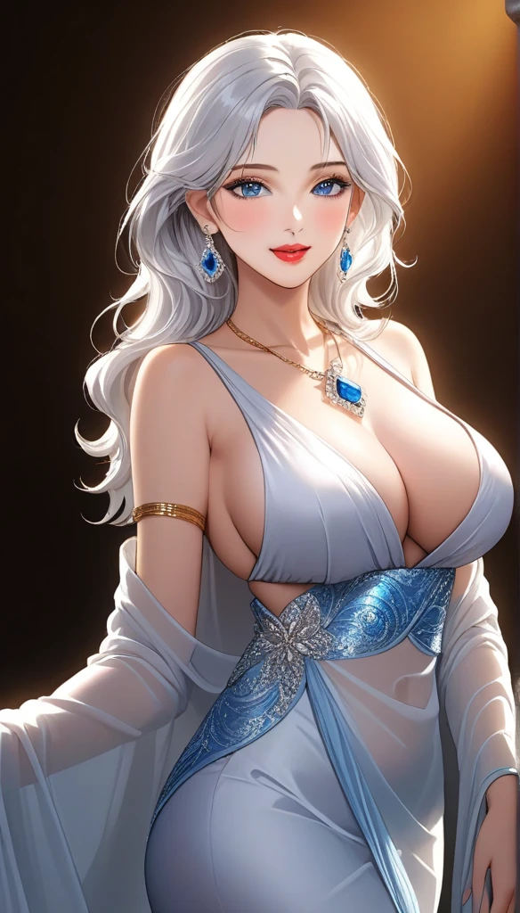 (1 mature ice queen ,wavy blunt silky white hair , crystal full sleeve white blouse, crystal embedded saree, long crystal drop dangle earrings, detailed alluring blue eyes, smooth detailed lips, beautiful face, smiling, red lipstick, navel, bangles, saggy breasts, photorealistic, 8k, hyperdetailed, vibrant colors, studio lighting, masterpiece, cinematic composition, dramatic lighting, intricate details, highly realistic skin textures, volumetric lighting, beautiful intricate jewelry, warm color palette, natural lighting, elegant pose, beautiful detailed expression, hyper realistic rendering, seamless blending, flawless skin, glowing skin, delicate features, breathtaking realism, striking composition),tall , necklace, bangles ,full body view