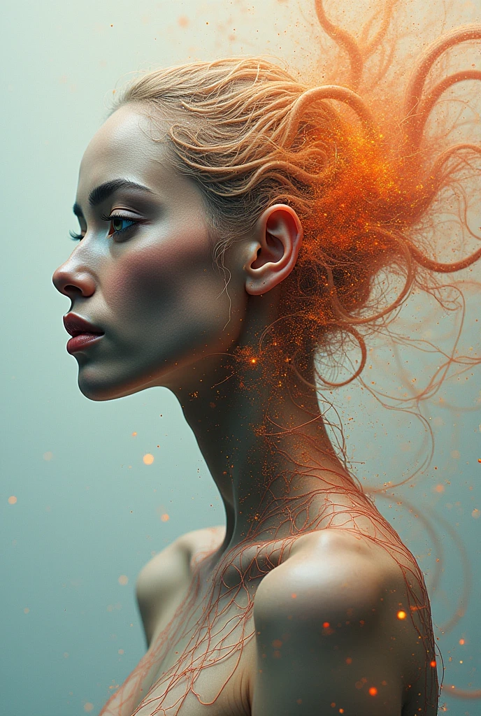I AM a work of art OF DIFFERENT RACES THAT OBSERVES EVERYTHING AND USES ALL THE ELEMENTS OF OTHER WORLDS surreal that IS the abstract form of a beautiful woman. His figure is composed entirely of intertwined SURREAL THINGS that come in and out, forming A BODY FROM ANOTHER WORLD. THINGS vary in thickness, some daring and others fine, creating a sensation of depth and movement. His face, partially obscured by the intricate patterns, reveals a serene and hopeful expression. The background is a dreamlike swirl of soft pastel colors that blend seamlessly with the lines., suggesting an otherworldly landscape. Subtle touches of light radiate from its shape, symbolizing hope and inner strength, as if emerging from chaos into a world of possibilities. The overall effect is both delicate and powerful., and captures the essence of beauty and hope in an abstract and surreal style. NOTABLE DEPTH OF FIELD RULE OF THIRDS 24K PHOTOSHOP-LIKE FINISH