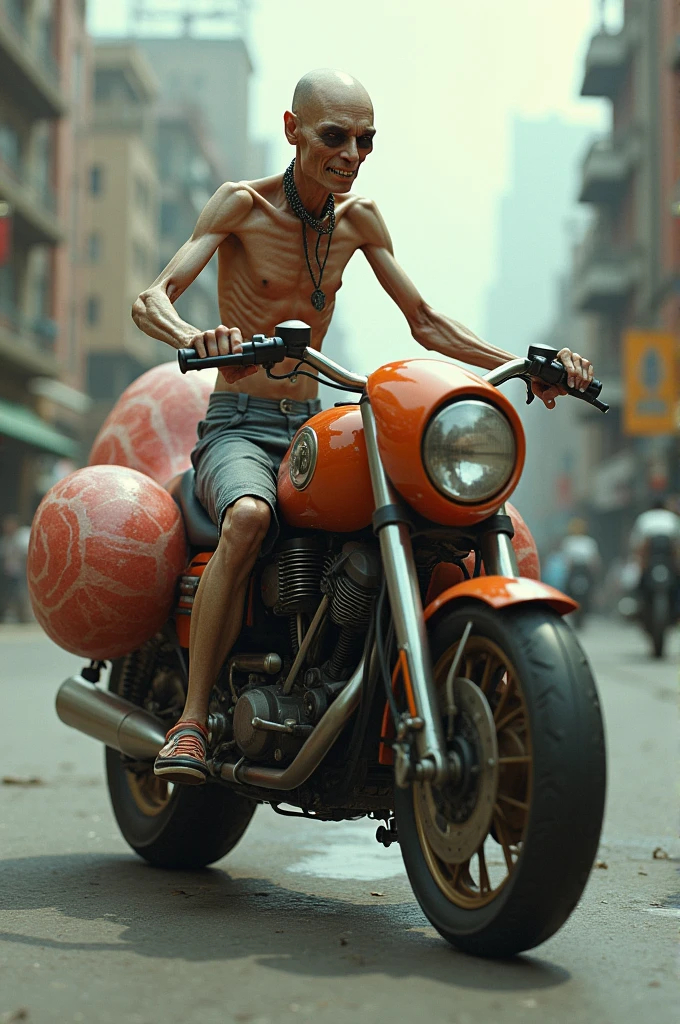 A very thin man riding a motorcycle that has giant