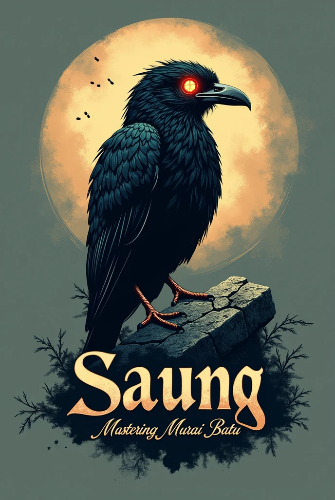 A captivating logo design for  Mastering Murai Batu, featuring a murai medan on a stylized stone. The murai medan's eyes are illustrated with a mysterious, glowing effect, while the stone has an ancient, weathered appearance. The text 'Saung Mastering Murai Batu' is written in elegant, flowing script, with a touch of artistic flair. The overall design exudes a sense of wisdom, power, and mastery.